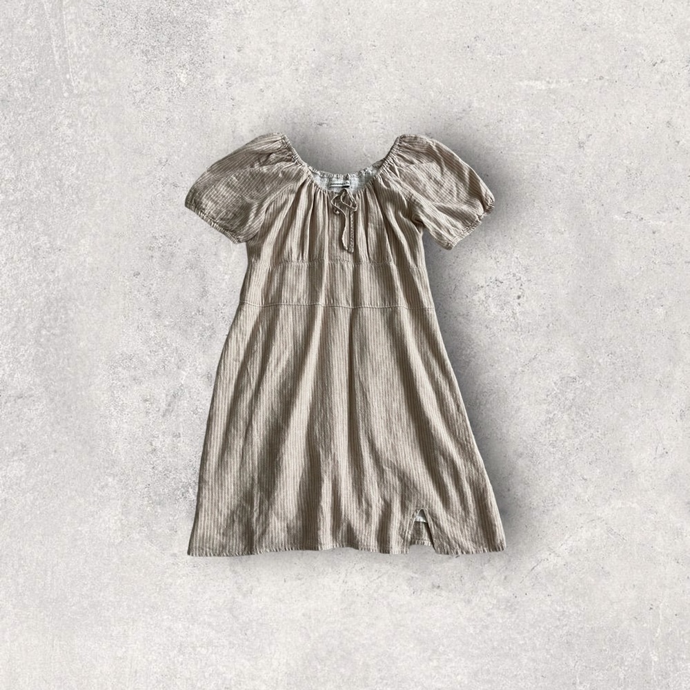 Abercrombie & Fitch Beige Stripes Linen-Blend Puff Sleeve Dress